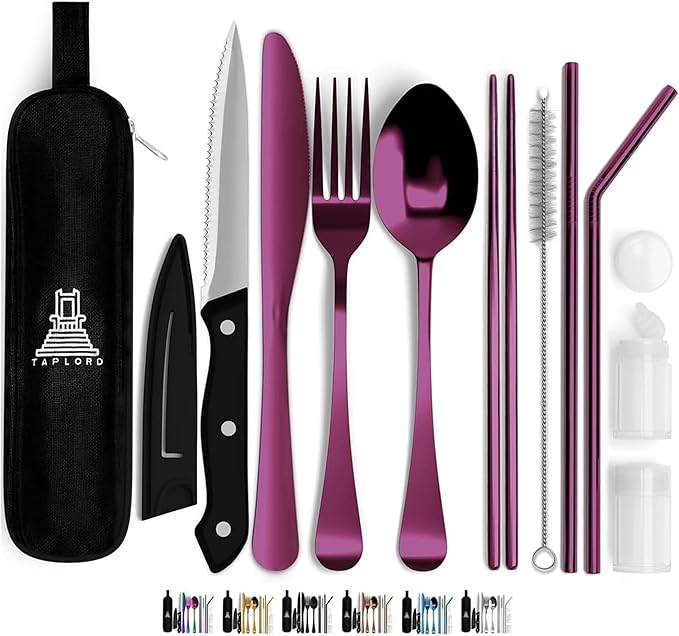 Portable Travel Silverware Set With Case, Includes 10 Pcs of Travel Utensils With Case, Stainless Steel Flatware Set For Camping, Lightweight (Purple)