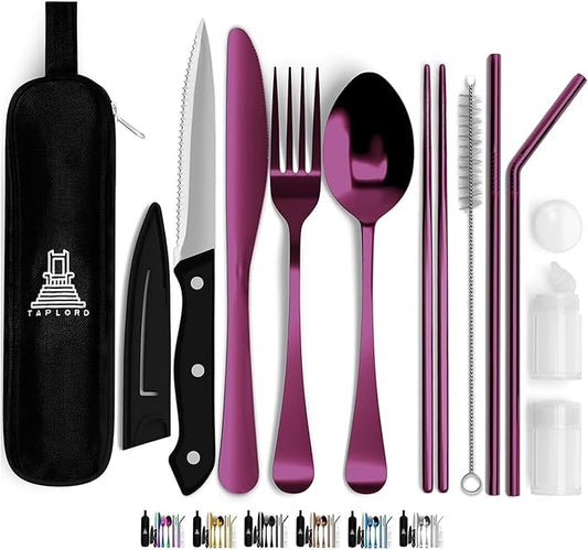Portable Travel Silverware Set With Case, Includes 10 Pcs of Travel Utensils With Case, Stainless Steel Flatware Set For Camping, Lightweight (Purple)