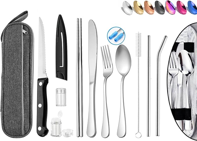 Portable Reusable Travel Utensils Silverware With Case, Camping Cutlery Set, Chopsticks and Straw, Flatware With Case, Stainless Steel Top (Silver)