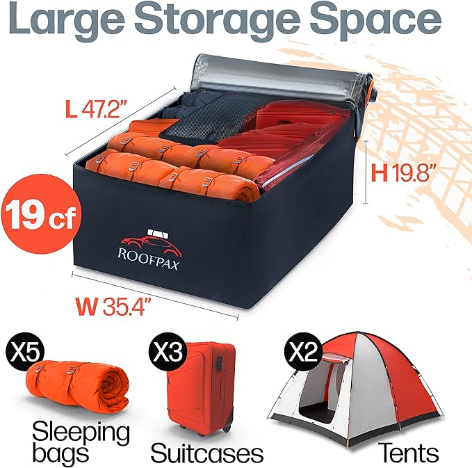 RoofPax Waterproof 19 Cubic Feet Rooftop Cargo Carrier Bag – Heavy Duty Car Roof Storage with Double Zipper & Tie Down Straps – Fits Cars with or Without Roof Rack