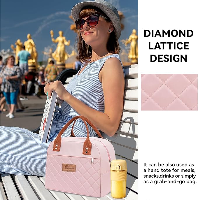 HOMESPON Insulated Lunch Bag for Women Men Adults Lunch Tote with Front Pocket Lunch Box Container Cooler Bag for Work Picnic (Pink)