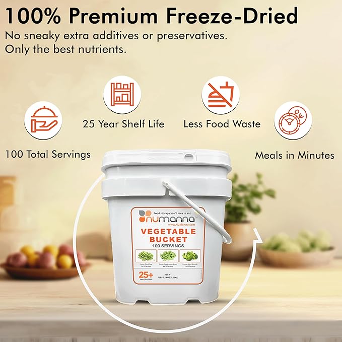 NuManna Triple Pack Freeze-Dried 3 Vegetables Buckets 300 Servings Contains Peas, Green Beans & Broccoli | Non-GMO, No Preservatives, No MSG Camping & Emergency Survival Food with 25 Years Shelf Life