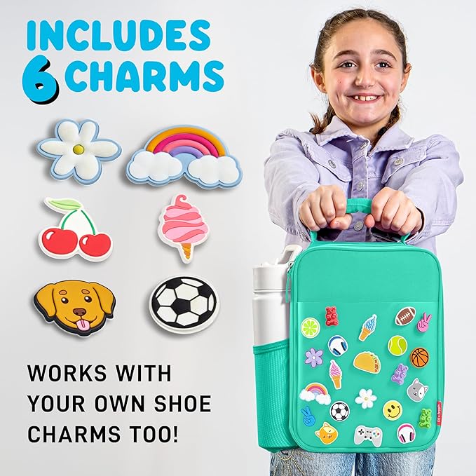 Fit & Fresh Lunch Box For Kids, Boys & Girls, School, Camp, Insulated Bag With Shoe Charm Slots For Personalization, Teal