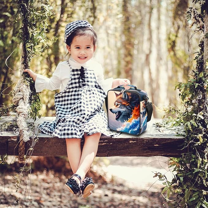 Wolf Colorful Ocean Wave Art Animal Boys Lunch Box, Reusable Insulated Waterproof With Adjustable Shoulder Strap, Thermal Cooler Tote Bag for School, Daycare, Picnic