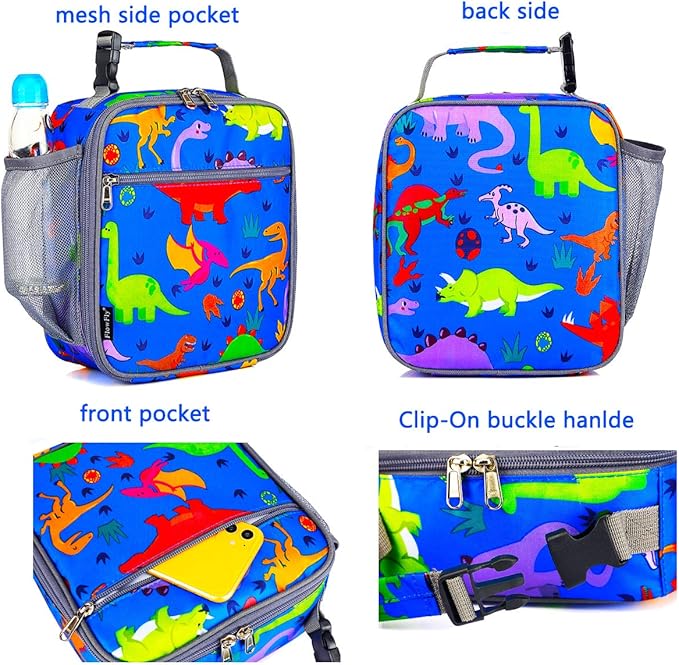 FlowFly Kids Lunch box Insulated Soft Bag Mini Cooler Back to School Thermal Meal Tote Kit for Girls, Boys, Dinosaur