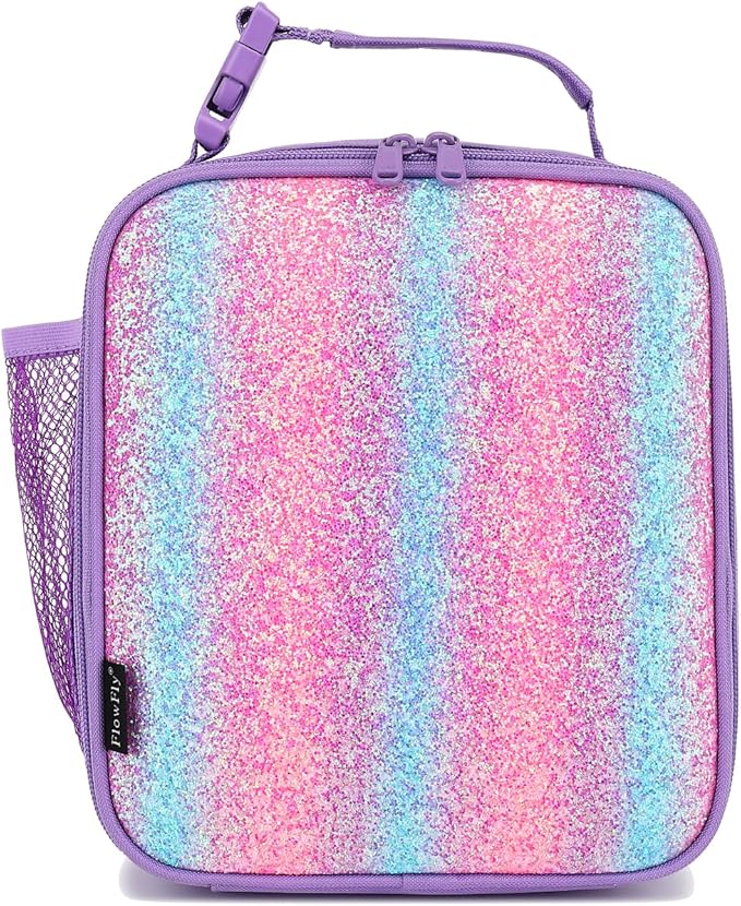 FlowFly Lunch box Insulated Soft Bag Mini Cooler Back to School Thermal Meal Tote Kit for Girls, Boys,Purple#Glitter