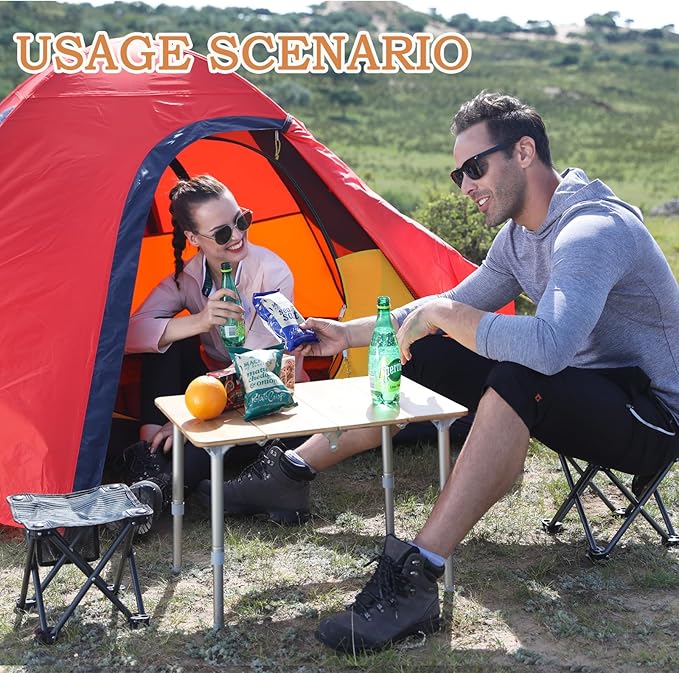 KingCamp Bamboo Folding Table Lightweight Camping Table with Adjustable Height Aluminum Legs 4-Fold Compact Small Portable Camp Tables for Travel RV Picnic Party Beach, 1-2 Person