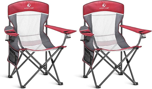 ALPHA CAMP 2PC Oversized Mesh Back Camping Folding Chair Heavy Duty Support 350 LBS Collapsible Steel Frame Quad Chair Padded Arm Chair with Cup Holder Portable for Outdoor (Red-2PC)