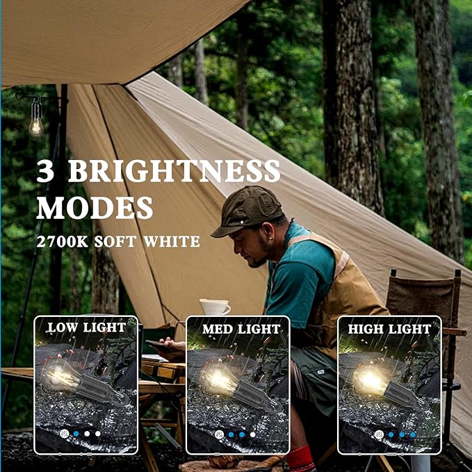 Battery Operated Rechargeable LED Lights Bulbs 2w 2700k Soft White Outdoor Waterproof,3 Light Modes,Vintage Candle Shape,for Gazebo Chandelier,Camping,Backup,Pergola,1pack USB Cordless Bulb