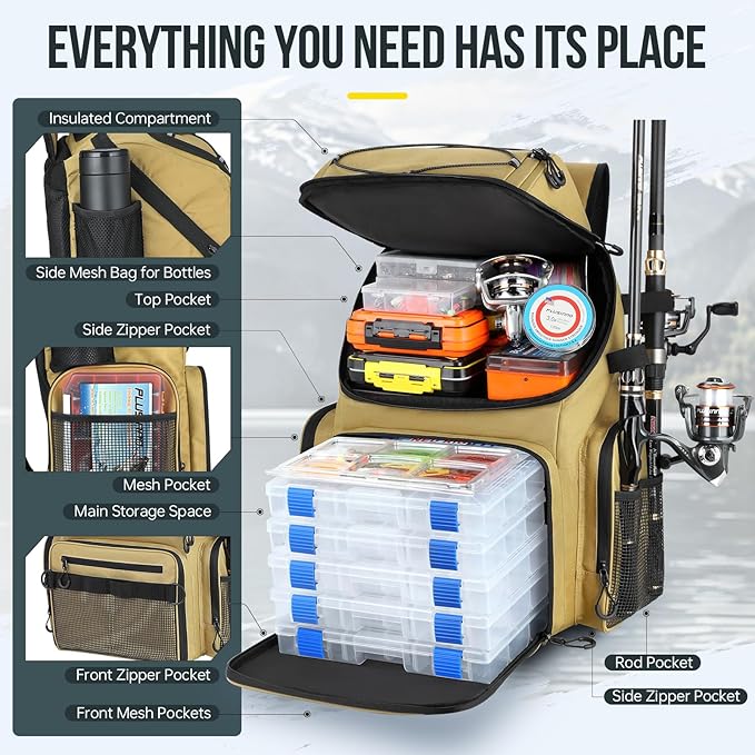 PLUSINNO Cooler Fishing Backpack with Rod Holders 45L Large Water-resistant Fishing Tackle bag Store Fishing Gear Fishing Gifts for Men Father