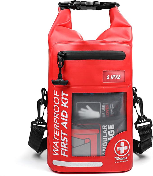 THRIAID 250 PCS Waterproof First Aid Kit, Roll Top Reflective Boat Dry Bag Bug Out Bag, Emergency Medical Kit Ideal for Boating, Camping, Fishing, Kayaking, Floating, Red
