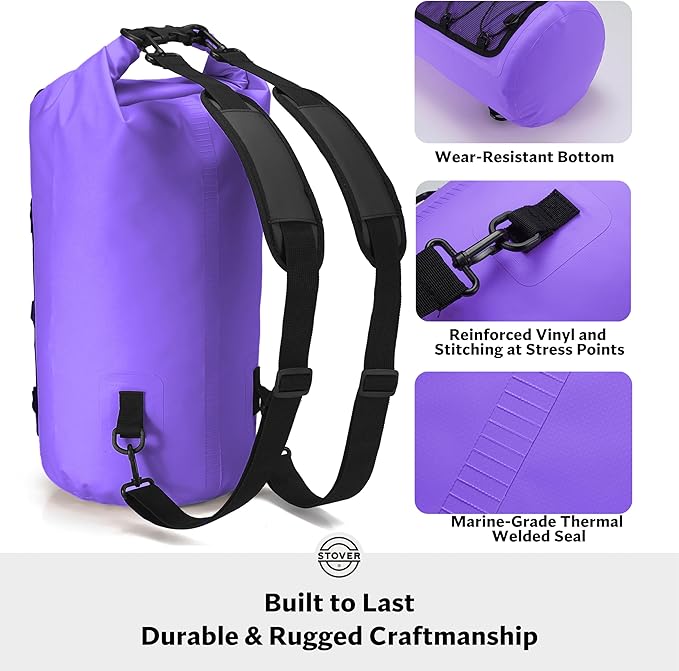 STOVER 5/10/25/30/40/55L Waterproof Dry Backpack & Phone Case- Medium Floating Dry Bag for Kayaking, Travel, Hiking, Fishing, Camping, Motorcycles & Beach, Heavy-Duty Roll Top Men/Women (Purple)