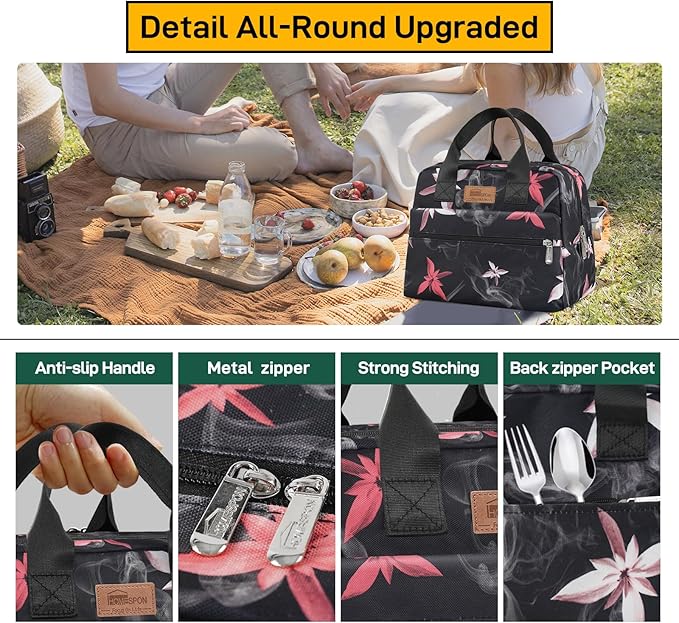 HOMESPON Insulated Lunch Bag for Women Men Lunch Box Cooler Lunch Tote for Work Picnic (Pink Flowers)