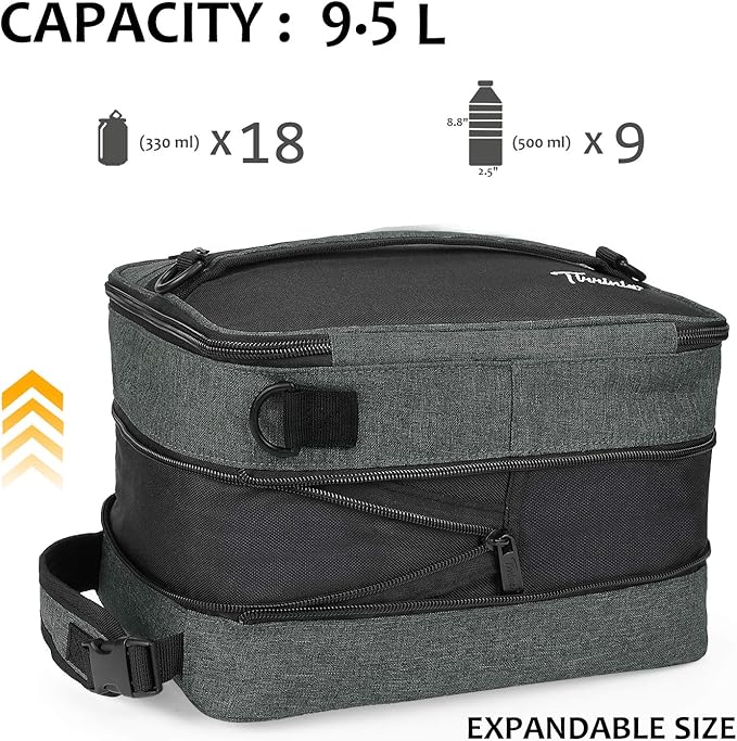 Expandable Insulated Lunch Bag, Leakproof Flat Lunch Cooler Tote with Shoulder Strap for Men and Women, Suitable for Work & Office by Tirrinia, Charcoal