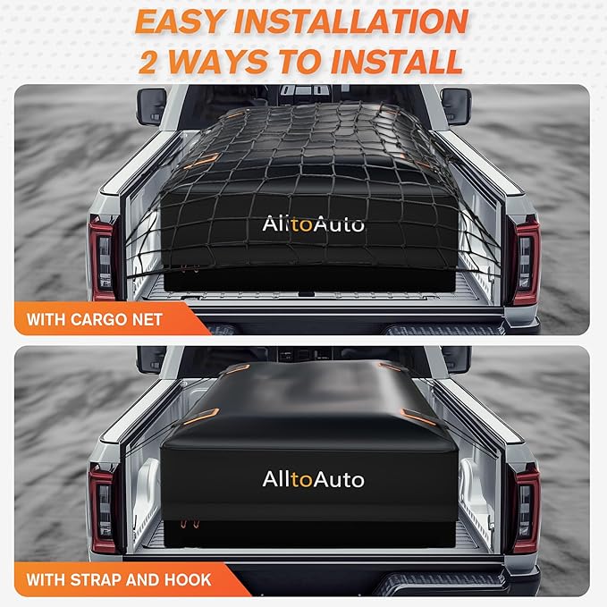 Truck Bed Cargo Bag with Cargo Net, 26 Cubic Feet (51''x40''x22''), 4'x6' Cargo Net Stretches to 8'x12', 100% Waterproof 600D Heavy Duty, Fits Any Truck Size, Convenient for Installation