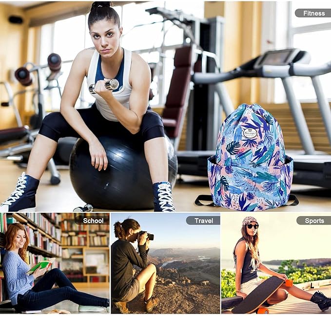 HUA ANGEL Floral Print Drawstring Bag - Lightweight Waterproof Cinch Sackpack with Side Pocket for Men & Women Travel Gym Bag
