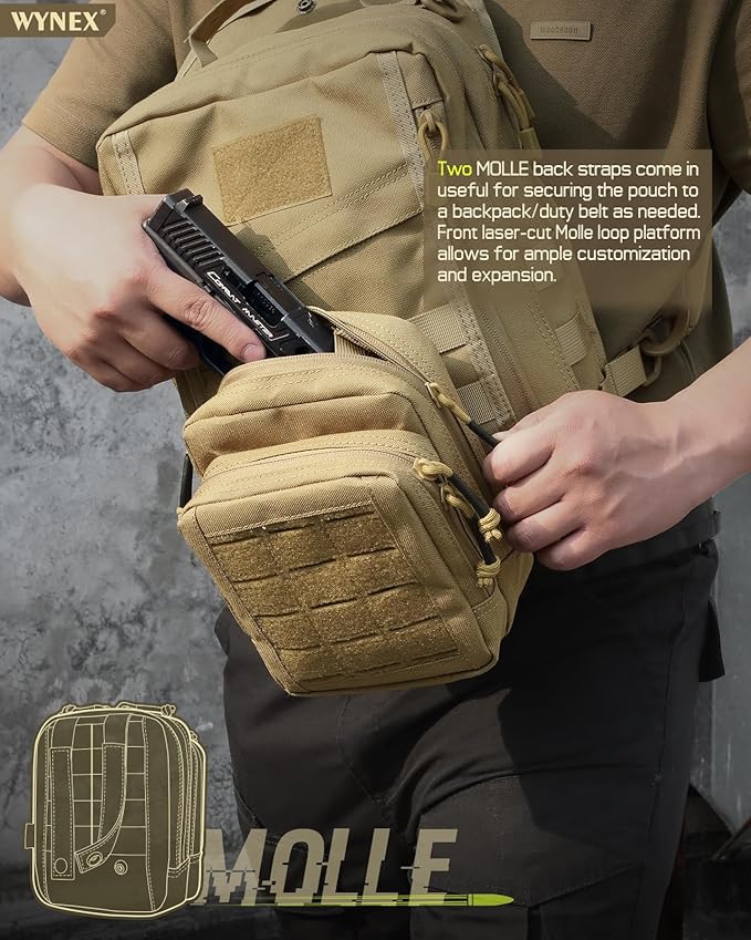 WYNEX Molle Admin Pistol Pouch for Concealed Carry, Tactical EDC Belt Pouch Gun Bag Utility Tool EMT Organizer Pouch Medical CCW with Universal Pistol/Elastic Holster