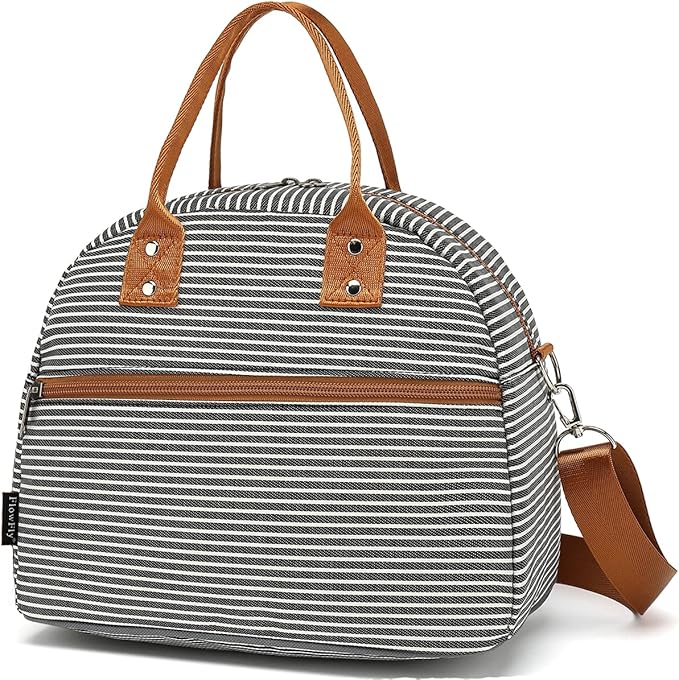 FlowFly Insulated Lunch Bag With Shoulder Strap for Women, Men, and Kids, Large and Reusable, Handle, Freezable Work and School Travel Tote and Meal Prep Organizer,White and Black Stripes
