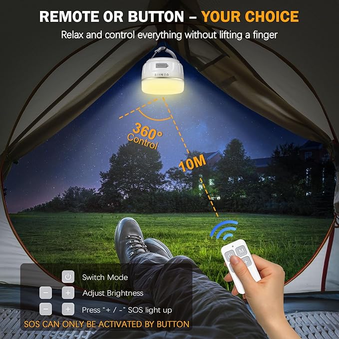 Rechargeable LED Camping Lantern 1000LM, 300H Runtime, 6400mAh, IPX5 Waterproof Tent Light for Camping, Hiking, Power Outages, Home, Emergency Use - Wireless Remote Edition,White