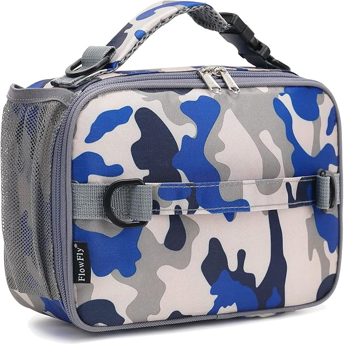 FlowFly Kids Lunch Bag, Durable Insulated School Lunch Box with Shoulder Strap and Bottle Holder, Water-resistant Thermal Small Lunch Cooler Tote for Teen Boys & Girls,Blue Camo