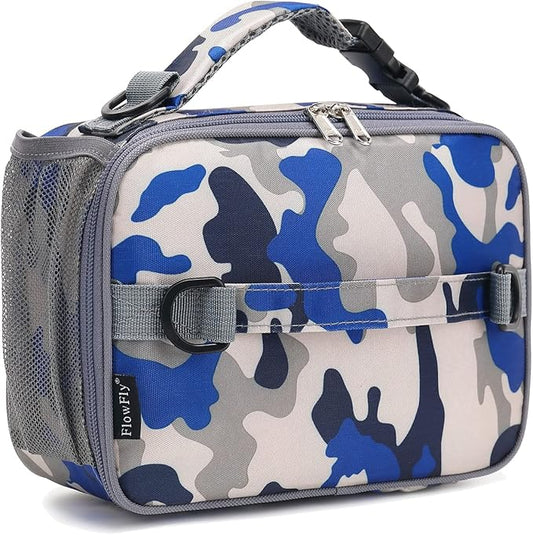 FlowFly Kids Lunch Bag, Durable Insulated School Lunch Box with Shoulder Strap and Bottle Holder, Water-resistant Thermal Small Lunch Cooler Tote for Teen Boys & Girls,Blue Camo