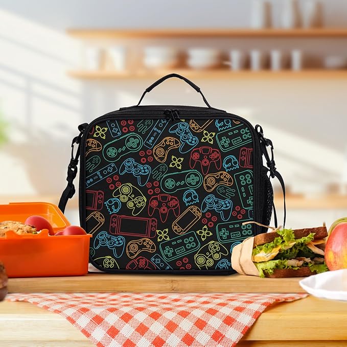 Gaming Black Lunch Bag Colorful Game Themed Lunch Boxes for Women/Man Office Work Travel School Work Picnic Durable Reusable Insulated Large Lunch Tote Bag with Adjustable Shoulder Strap