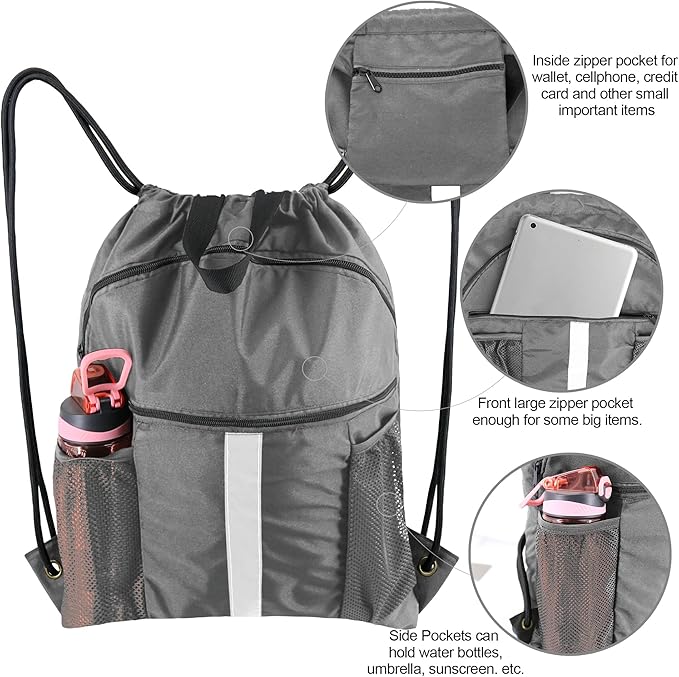 BeeGreen Drawstring Backpack Bag with Shoe Compartment, X-Large Black Gym Sports String Cinch Backpack