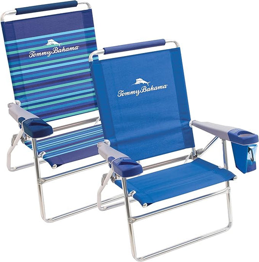 Tommy Bahama Set of 2 Highboy 4 Position Beach Chairs 15 Inch Seat Height with Cupholder, Side Storage Pouch and Mobile Phone Holder