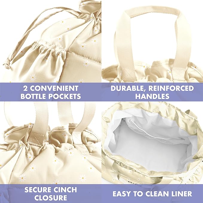 Fit & Fresh Lunch Bag For Women, Insulated Womens Lunch Bag For Work, Stain-Resistant Large Lunch Box For Women With Containers, Cinch Closure Cromwell Bag, Ivory Daisies