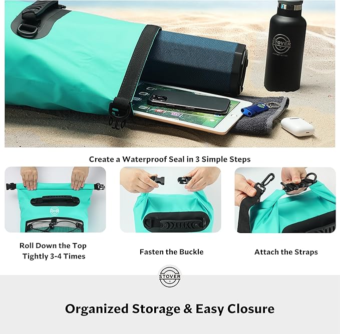 STOVER 5/10/25/30/40/55L Waterproof Dry Backpack & Phone Case- Medium Floating Dry Bag for Kayaking, Travel, Hiking, Fishing, Camping, Motorcycles & Beach, Heavy-Duty Roll Top Men/Women (Teal)