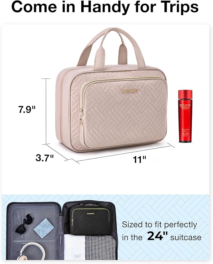 BAGSMART Travel Toiletry Bag Hanging Travel Makeup Organizer Cosmetic Bag Makeup Bag for Full Sized Toiletries, Basic-Pink