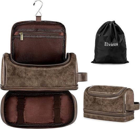 Elviros Toiletry Bag for Mens PU Leather Travel Organizer Kit with Hanging hook, Large Water-resistant Toiletries Bathroom Shaving Bags (Coffee)