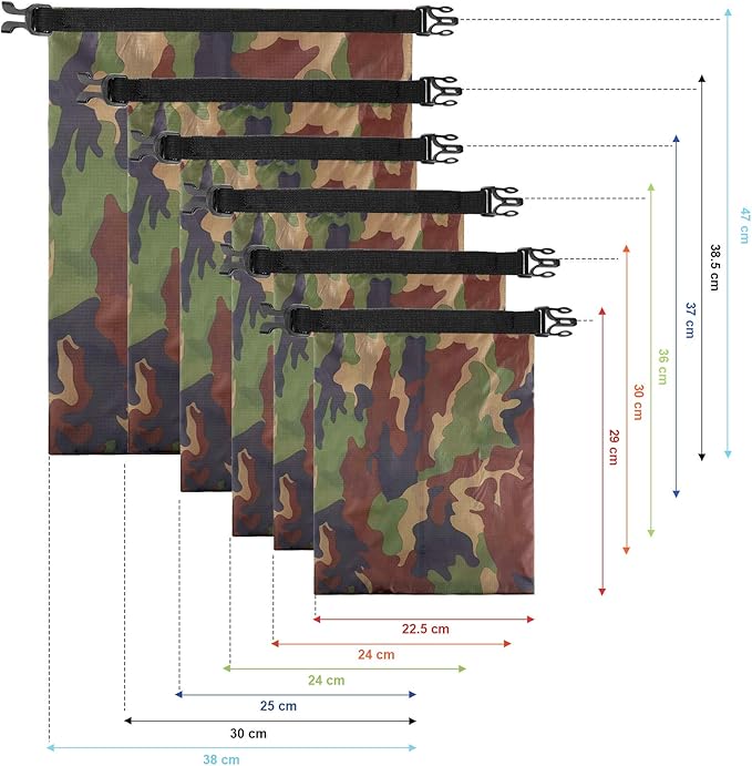 Shappy 6 Pcs Waterproof Dry Bag Set 6 Sizes Lightweight Sacks and Long Adjustable Shoulder Strap Outdoor Water Proof Keep Gear Dry Bag Stuff Sacks for Backpacking, Boating, Hiking, Camping (Camo)