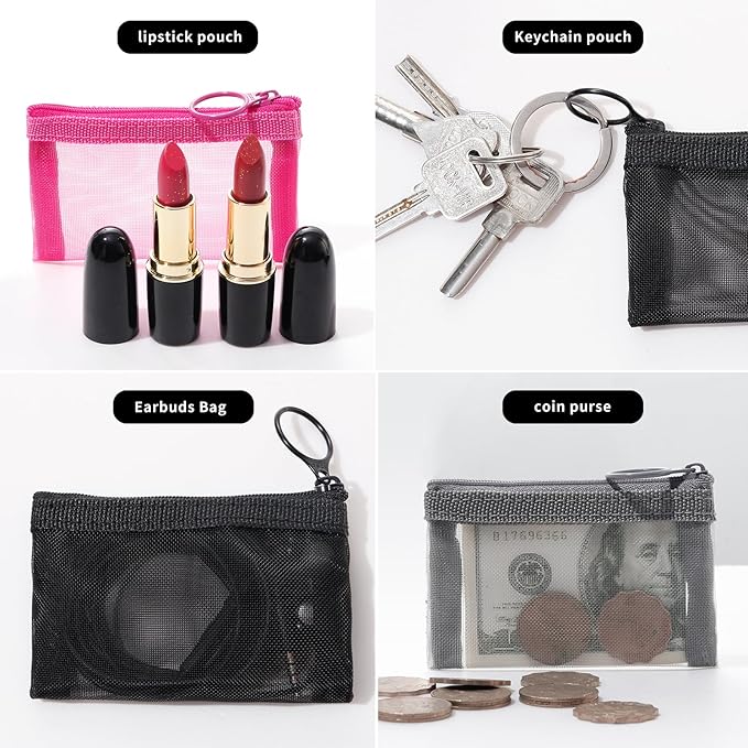 Patu Mini Zipper Mesh Bags, 3" x 4", Size XS / A8, 5 Pieces, Keychain Pouch Key Holder, Coin Purse, Clear Travel Kit Small Item Cosmetic Organizer, Assorted Colors