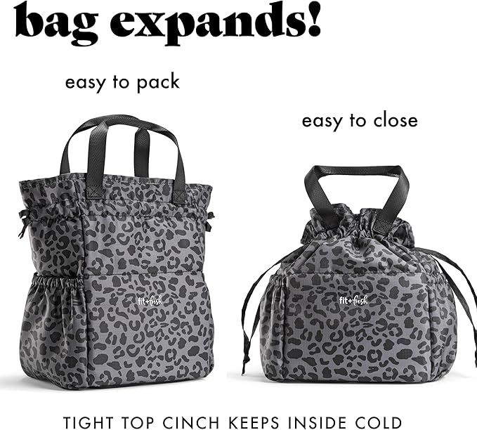 Fit & Fresh Lunch Bag For Women, Insulated Womens Lunch Bag For Work, Stain-Resistant Large Lunch Box For Women With Containers, Cinch Closure Cromwell Bag, Black Cheetah