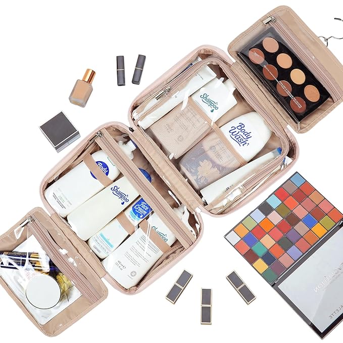 NISHEL Travel Toiletry Bag for Women Large Capacity, Makeup Essentials Organizer, Hanging Case for Accessories, Cosmetics, Pink