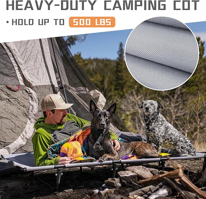 HEYTRIP Extra-Wide Camping Cot, Upgrade Sturdy Camping Bed, XXL Cots for Sleeping Support 500lb, Folding Cot with Side Pocket, Carry Bag Ultralight Backpacking Cot for Travel(Grey)