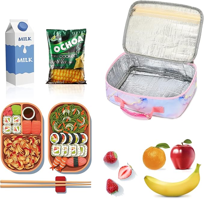 LOIDOU Lunch Box Kids Girls Boys Insulated Lunch Bag Thermal Meal Tote Women Reusable Lunch Pail Bags for School Travel (Marble Pink)