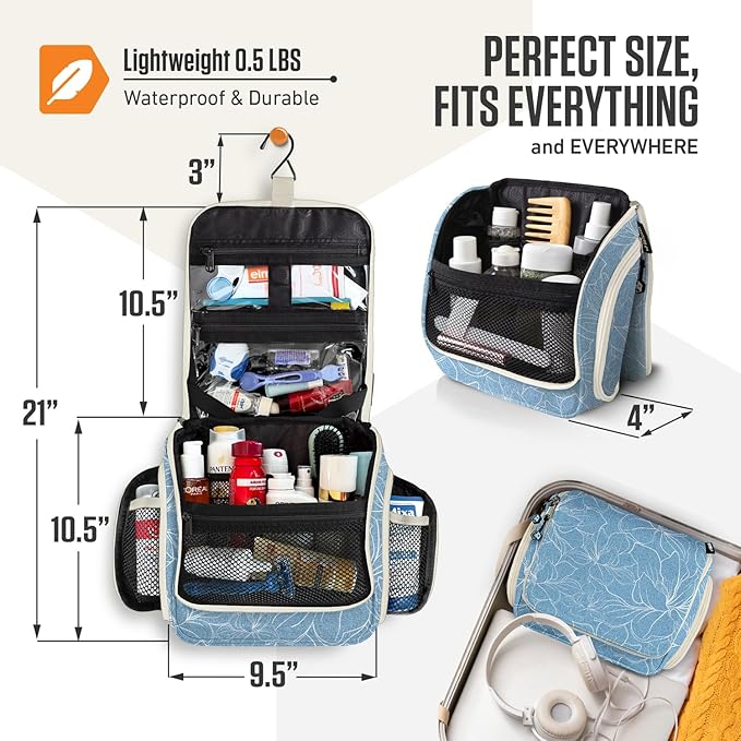 VENTURE 4TH Hanging Travel Toiletry Bag for Women & Men - Travel Organizer with Expandable Compartments & Removable Clear Pouch for Toiletries (Blue Flowers)