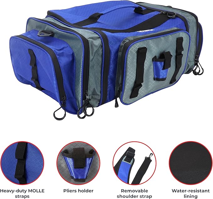 OSAGE RIVER Large Waterproof Fishing Tackle Bag with Padded Shoulder Strap, Ripstop Soft Sided Bag with Fishing Pliers Holder