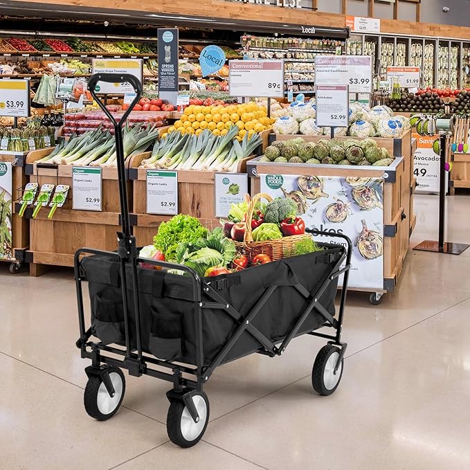 FDW 39''L Collapsible Wagon Cart, Heavy Duty Utility Folding Wagon for Outdoor Sports, 330 LBS Weight Capacity, Camping, Garden, and Shopping, Black