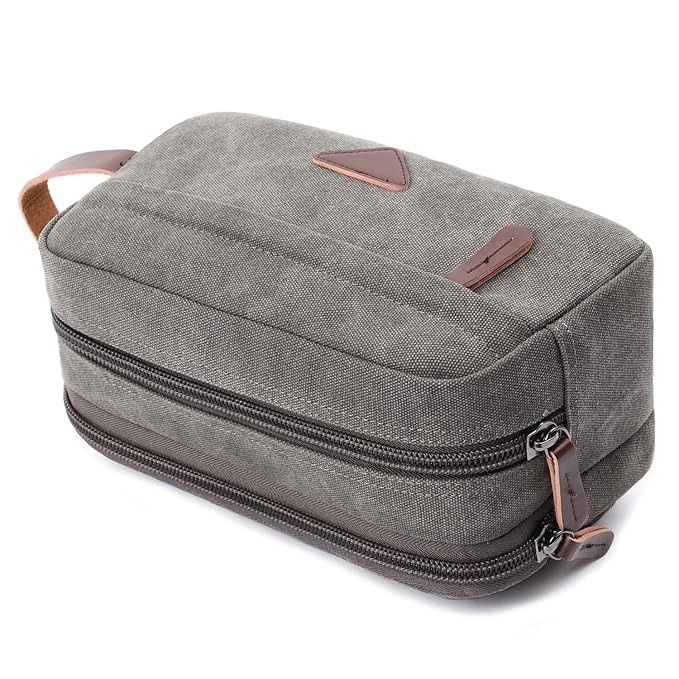 Mactso Mens Travel Toiletry Bag Canvas Leather Cosmetic Makeup Organizer Shaving Dopp Kits with Double Compartments (Gray)