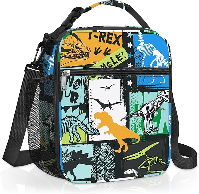 Clastyle Black Dinosaur Insulated Lunch Bag for Kids, Portable Large Thermal Cooler Lunch Bag for Boys, School Lunch Box Bag with Bottle Holder