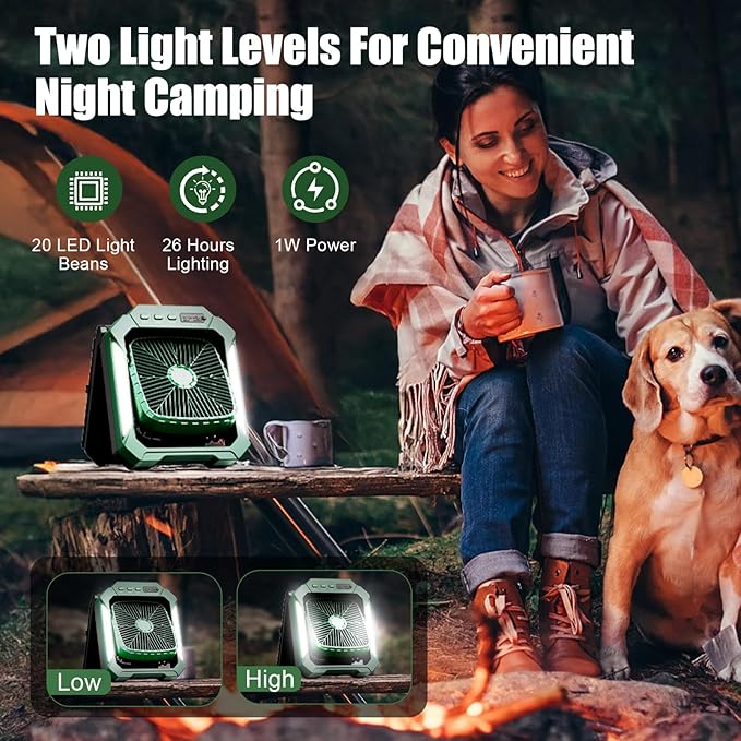26800mAh Portable Camping fan Rechargeable, 2-in-1 Battery Powered Solar Fan with Detachable Solar Panel, 270° Rotation Personal USB Desk Fan with 3 Speed/Timer/LED Light/Hanging Hook for Outdoor