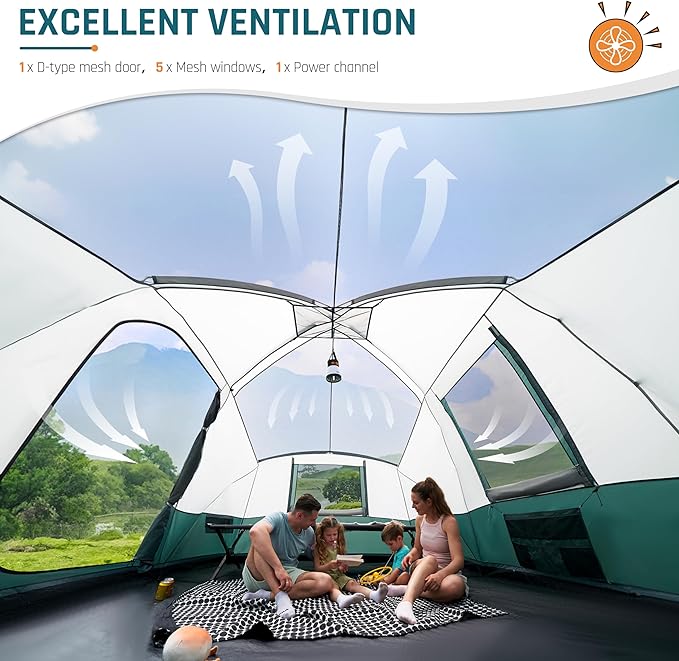 8/10/11 Person Camping Tent with Porch, Large Family Tents for Outdoor Camping, Big Dome Tent Includes Rainfly, Reflective Windproof Rope, Large Vestibule