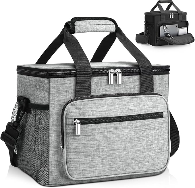 Insulated Lunch Bag, 15L Large Leakproof lunchbag Lunch Boxes for Adult Men Women, Soft Cooler Bags with 6 Pockets and Carabiner Clip for Work Picnic Travel (Gray)
