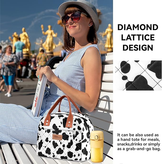 HOMESPON Insulated Lunch Bag for Women Men Adults Lunch Tote with Front Pocket Lunch Box Container Cooler Bag for Work Picnic (Cow Print)