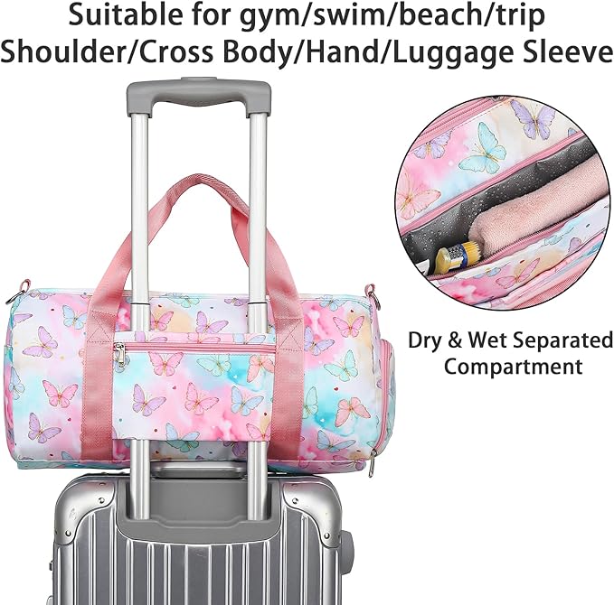 Butterfly Girls Sports Duffle Bag with Wet Pocket, Shoe Compartment & Overnight Travel Bag (Pink)