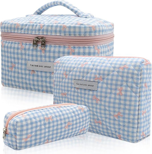 3pc Makeup Bag Set, Quilted Makeup Bag Set, Large Floral Cosmetic Bag for Women, Cute Cotton Makeup Bags, Flower Travel Toiletry Organizer Bag (Blue Plaid Bow)