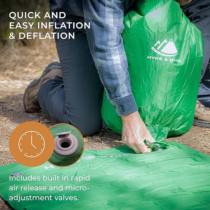 Hyke & Byke Appalachian Inflatable Sleeping Pad for Camping and Backpacking - WR 70 D Ripstop Nylon Fabric - 76 x 24 in - Long - Gray Green